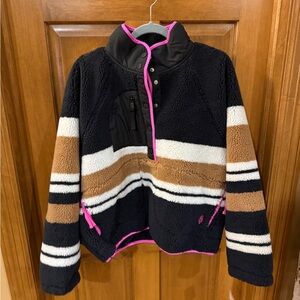 Free People Black Teddy Jacket with Brown, White & Pink Trim - Size Large